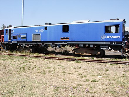 No. 10-149 in Spoornet blue livery with outline numbers, on shop bogies at Koedoespoort, Pretoria, 29 September 2015