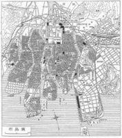 Map of Hiroshima around 1930 (Showa 5). The Ujina Miyuki Road and Miyuki Bridge can be seen at the bottom right. The triangular area formed by the two roads extending east from the Miyuki Bridge is where the monument was built.