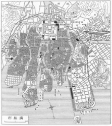 1927年頃（昭和初頭）の廣島市の地図 / 市役所は地図中央やや左の、国泰寺町移転以前の旧位置（中島新町）に記載されており、現在地である「市公会堂」南側には所在していない
