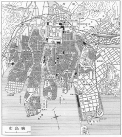 1930年頃（芸予地震から約25年後）の広島市地図。右下に宇品港、その宇品へ向かう鉄道が国鉄宇品線、中央下に刑務所（広島監獄）がある。