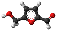 Ball-and-stick model of the hydroxymethylfurfural molecule{{{画像alt1}}}