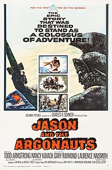 Affiche du film Jason and the Argonauts, portant le texte "The Epic Story that was Destined to Stand as a Collosus of Adventure" sur fond d'un dessin de guerrier grec.