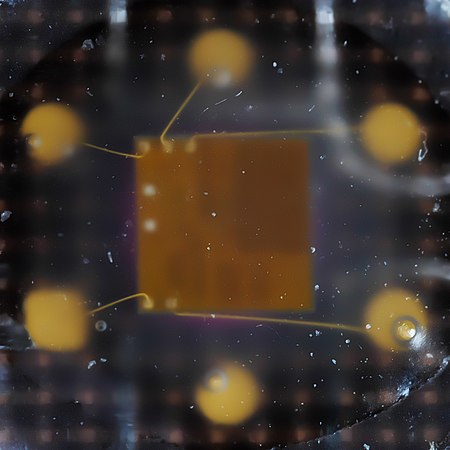 Rückseite der sechs Kontaktfelder, die mit Golddrähten mit dem zirka drei Millimeter mal drei Millimeter großen, quadratischen Chip verbunden sind, unter transparentem Kunststoff.