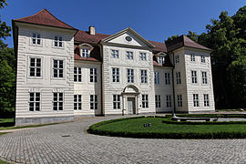 Baroque and early Classicist Mirow Castle, standing on the Castle Island inside the lake Mirower See