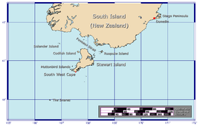 Carte de l'île Stewart avec les îles Solander à l'ouest.