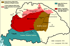   Under rumänsk kontroll fr.o.m. april 1919   Område kontrollerat av Ungerska rådsrepubliken   Område i praktiken kontrollerat av Ungerska rådsrepubliken   Område under fransk och jugoslavisk kontroll                      Ungerns gränser 1918                      Ungerns gränser 1920