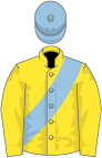 Yellow, light blue sash and cap