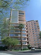 Front view of the Phoenix Towers. The towers were built in 1957 and are located at 2201 N. Central Avenue. Phoenix Towers was built as a resident-owned cooperative community, Phoenix Towers is now considered an outstanding example of mid-century architecture and was listed in the National Register of Historic Places on January 2, 2008, reference #07001334.
