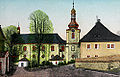 Steinschönau, Kirche und Pfarrhaus (Bildpostkarte, ca. 1920er Jahre)