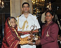 The President, Smt. Pratibha Devisingh Patil presenting the Arjuna Award for the year-2011 to Ms. Tejeswini Bai V. for Kabaddi (Women), in a glittering ceremony, at Rashtrapati Bhavan, in New Delhi on August 29, 2011.