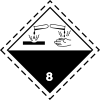 A rhombic-shaped label with letters 8 and "corrosive", indicating that drops of a liquid corrode materials and human hands.