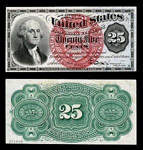 Fourth issue of the twenty-five-cent fractional currency, by the United States Department of the Treasury