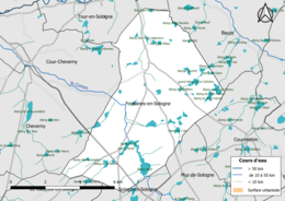 Carte en couleur présentantle réseau hydrographique de la commune