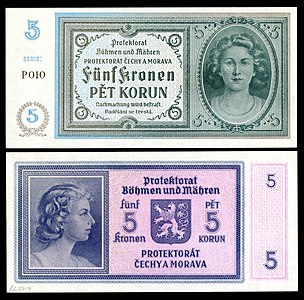 Five Bohemian and Moravian koruna from 1940, by the National Bank for Bohemia and Moravia