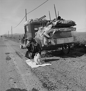 "Broke, baby sick, and car trouble!" at Economic history of the United States, by Dorothea Lange (restored by Adam Cuerden)