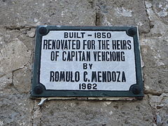 A marker beside the Capitan Venciong house stating its date of construction and renovation.