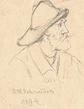 A pencil drawing of a bearded man viewed at bust length from the side. He wears a heavy coat and a sou'wester, a hat which has a small brim at the front and a much longer brim in the back.