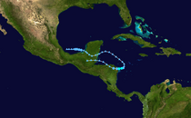 An image depicting the track of a short-lived 2014 tropical cyclone within the North Atlantic Basin.