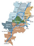 A map of Johannesburg indicating regions and freeways