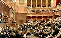 The French National Assembly in 1877; it entrenched the left-right political spectrum of its chamber in modern politics.