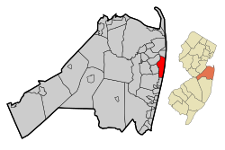 Location of Long Branch in Monmouth County highlighted in red (left). Inset map: Location of Monmouth County in New Jersey highlighted in orange (right).