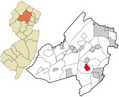 Location of Morristown in Morris County highlighted in red (right). Inset map: Location of Morris County in New Jersey highlighted in orange (left).