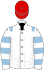 White, light blue epaulets, hooped sleeves, red cap