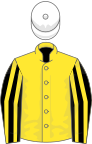 yellow, black striped sleeves, white cap