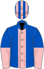 Royal blue, pink stripe, halved sleeves, striped cap