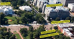 Aerial view, with the White House diagonally across from the President's Guest House