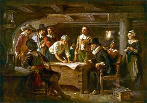 Signing the Mayflower Compact 1620, a painting by Jean Leon Gerome Ferris 1899