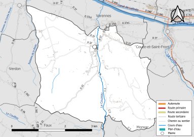 Carte en couleur présentant le réseau hydrographique de la commune