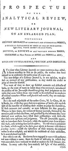 Page reads "Prospectus of the Analytical Review, or New Literary Journal, on an Enlarged Plan; Containing Scientific Abstracts of Important and Interesting Works; A General Catalogue of Such as are of Pres-Consequence, with short Characters; Notices, or Reviews of All Valuable Foreign Books; Criticisms on New Pieces of Music and Works of Art; and Literary Intelligence, Foreign and Domestic ..."