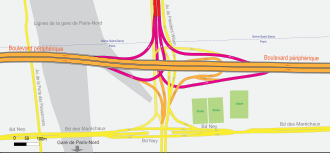 Schéma de l'échangeur de la porte de la Chapelle, le périph est horizontal, l'autoroute A1 se raccorde par le haut