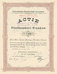 Share certificate of the Gütschbahn-Gesellschaft (founded 1895, wound-up 2007), issued 19. January 1895