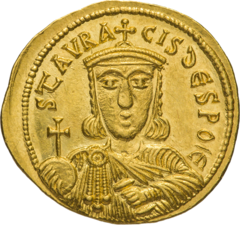An image of a golden coin bearing the front-facing image of Staurakios, who is adorned with imperial regalia
