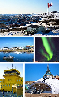 From top left: Cityscape from Joamie Hill, Iqaluit waterfront, Aurora borealis at night, Iqaluit Airport, St. Jude's Anglican Cathedral