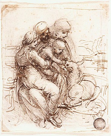 Drawing depicting a group of women on each other's laps, holding a child leaning over a lamb at their feet.