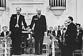 Prokofiev (on the podium, right) after the second performance of his Sixth Symphony