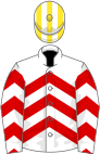White and red chevrons, white and yellow striped cap