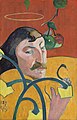 Image 2 Self-Portrait with Halo and Snake Painting: Paul Gauguin Self-Portrait with Halo and Snake is an 1889 oil on wood painting by French artist Paul Gauguin, which represents his late Brittany period in the fishing village of Le Pouldu in northwestern France. It shows Gauguin against a red background with a halo above his head and apples hanging beside him as he holds a snake in his hand while plants or flowers appear in the foreground. The religious symbolism and the stylistic influence of Japanese wood-block prints and cloisonnism are apparent. The work is one of more than 40 self-portraits he completed. It is held at the National Gallery of Art in Washington, D.C. More selected pictures
