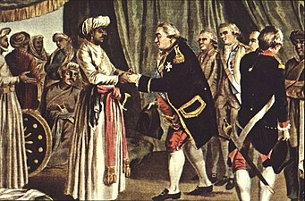 Suffren meeting with Hyder Ali in 1782, J.B. Morret engraving, 1789.
