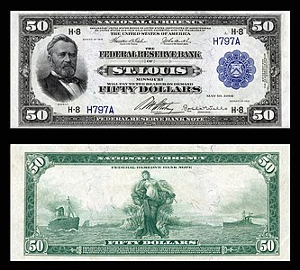 Fifty-dollar large-size banknote of the Federal Reserve Bank Notes, by the Bureau of Engraving and Printing