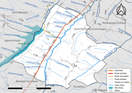 Carte en couleur présentant le réseau hydrographique de la commune