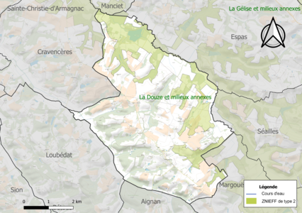 Carte de la ZNIEFF de type 2 sur la commune.