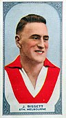 1933 Hoadley's Chocolates Victorian Footballers trading card featuring South Melbourne player Jack Bissett.
