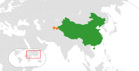 En vert, la république populaire de Chine, en orange le Tadjikistan