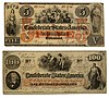 Five dollar Confederate banknote (1861) and a 100 dollar Confederate banknote (1862)