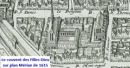 Couvent des Filles-Dieu sur plan Mérian de 1615.