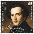 postage stamp showing on a dark background a head-and-shoulders portrait of a dark-haired, narrow faced, middle-aged man looking out at the viewer, weating a high collar and dark coat; text comprises 'Felix Mendelssohn Bartholdy', the dates 1809–1847, a facsimile of Mendelssohn's signature, the figure 65 and the word 'Deutschland'